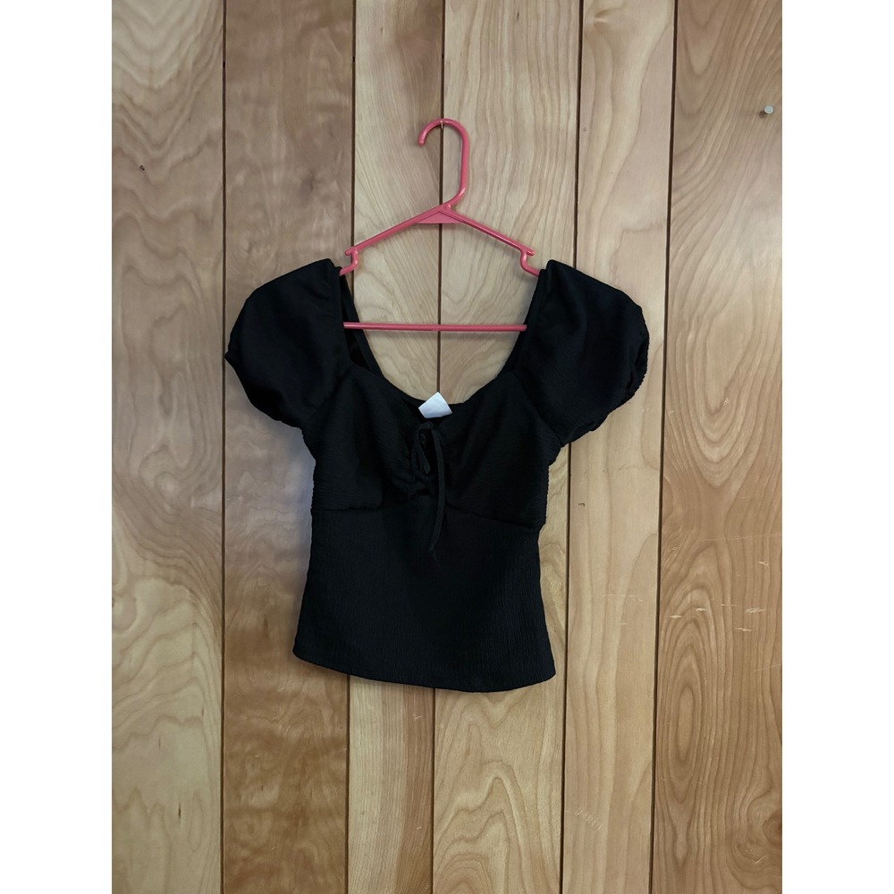 No Boundaries Womens Black Puff Sleeve Tie Front Textured Top XS 1‎ Cottagecore